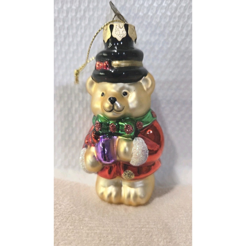 Kurt Adler Kringle Glass Teddy Bear Christmas Ornament Top Hat Red Coat Gift 4"